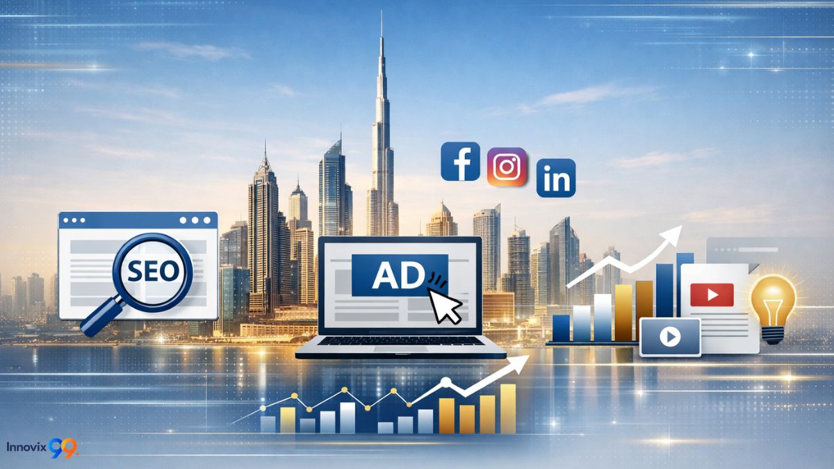 Digital Marketing Dubai strategies with SEO, PPC, social media, analytics, and content marketing icons overlaying Dubai skyline