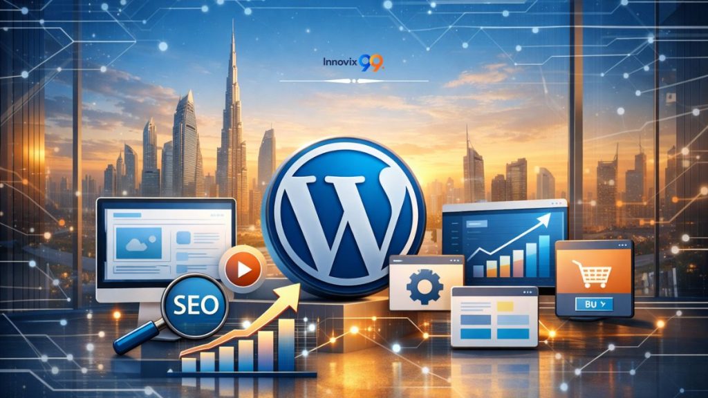 WordPress Dubai business website header showing Dubai skyline, website development icons, SEO and analytics charts for digital business growth