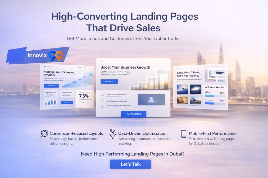 Landing Page Design Dubai by Innovix99 showing high-converting UX UI design, conversion analytics, and modern landing page performance optimization